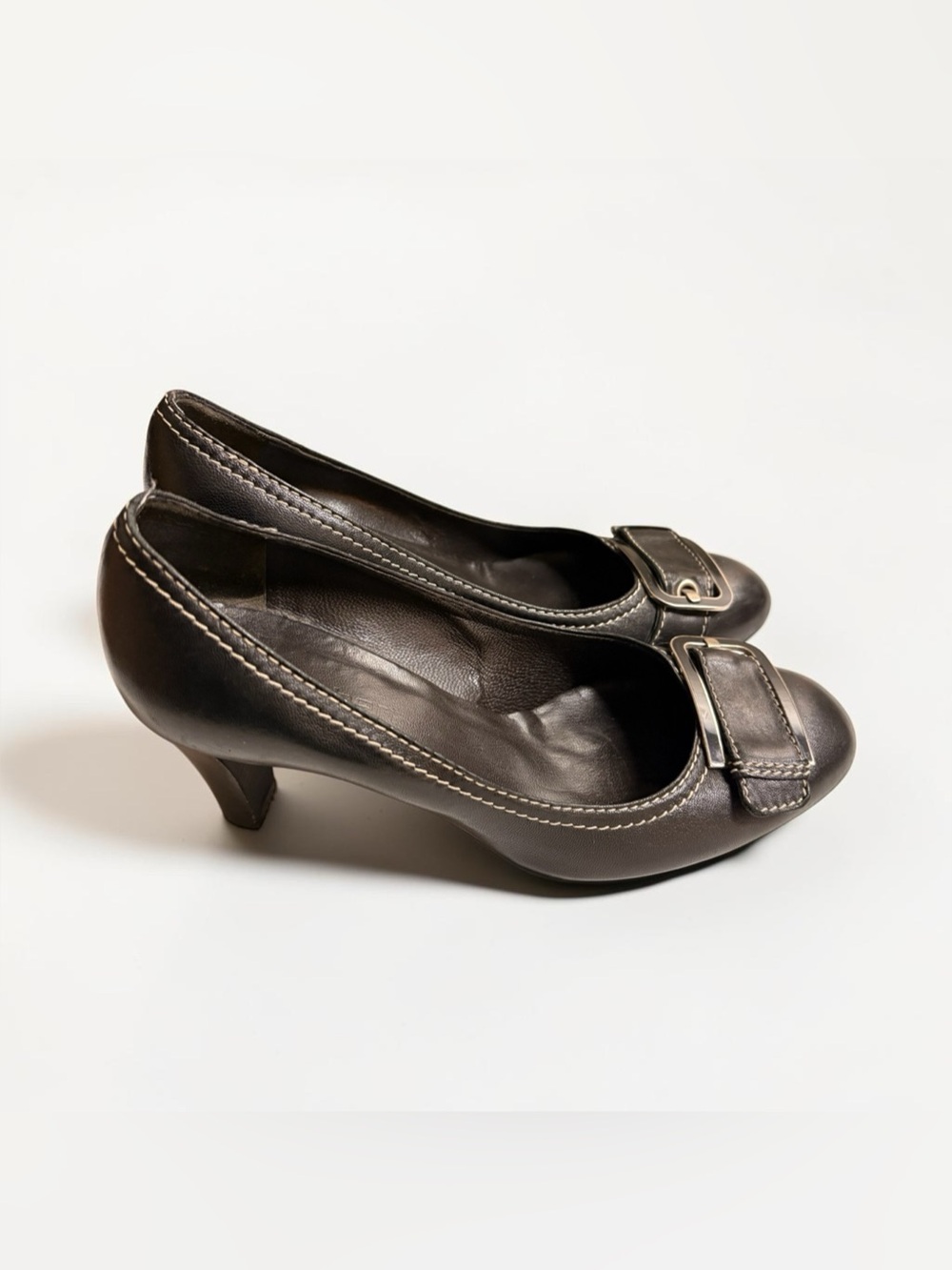 Chocolate Brown Leather Buckle Pumps EU 38 | Y2K Office Siren